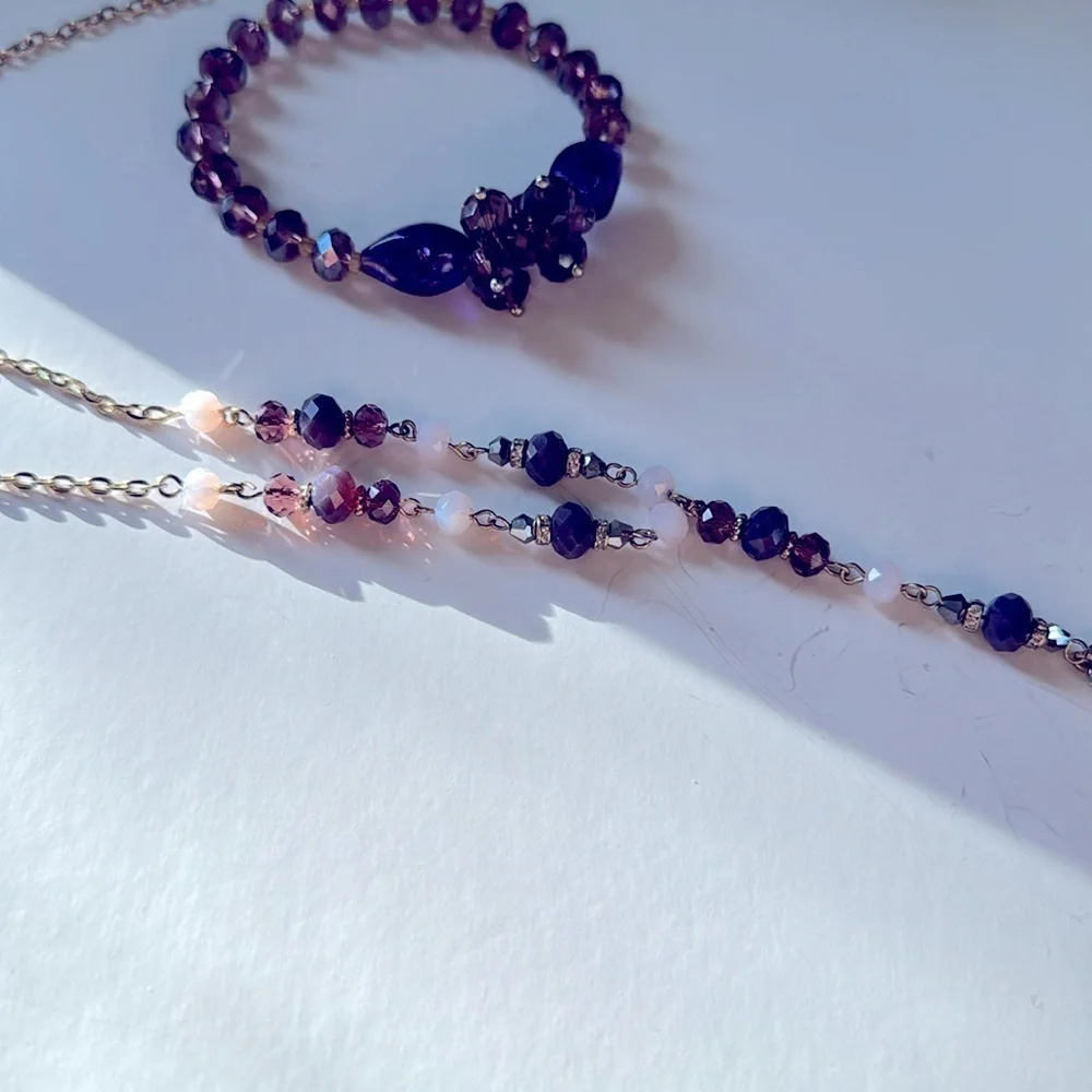 Purple Beaded Necklace Bracelet Set Gold Tone Tassel Boho Victorian Style